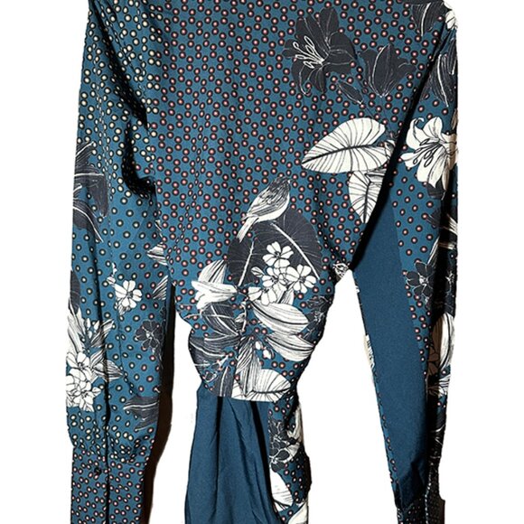 Zara Teal Blue Floral Dotted Patchwork Printed Satin Belted Kimono Robe Size S/M - Picture 9 of 9